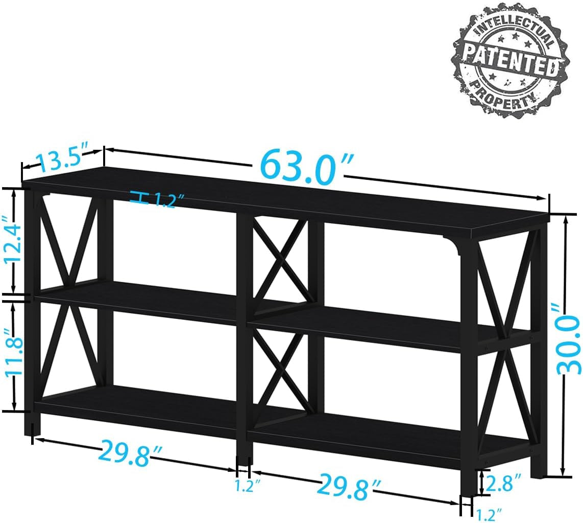 Black Console Table, Modern Industrial Sofa Table with 3 Tier Storage Shelves, Farmhouse Wooden Metal Entryway Table for Living Room, Hallway, or Foyer, Black Oak, 63 Inch