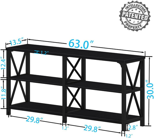 Black Console Table, Modern Industrial Sofa Table with 3 Tier Storage Shelves, Farmhouse Wooden Metal Entryway Table for Living Room, Hallway, or Foyer, Black Oak, 63 Inch