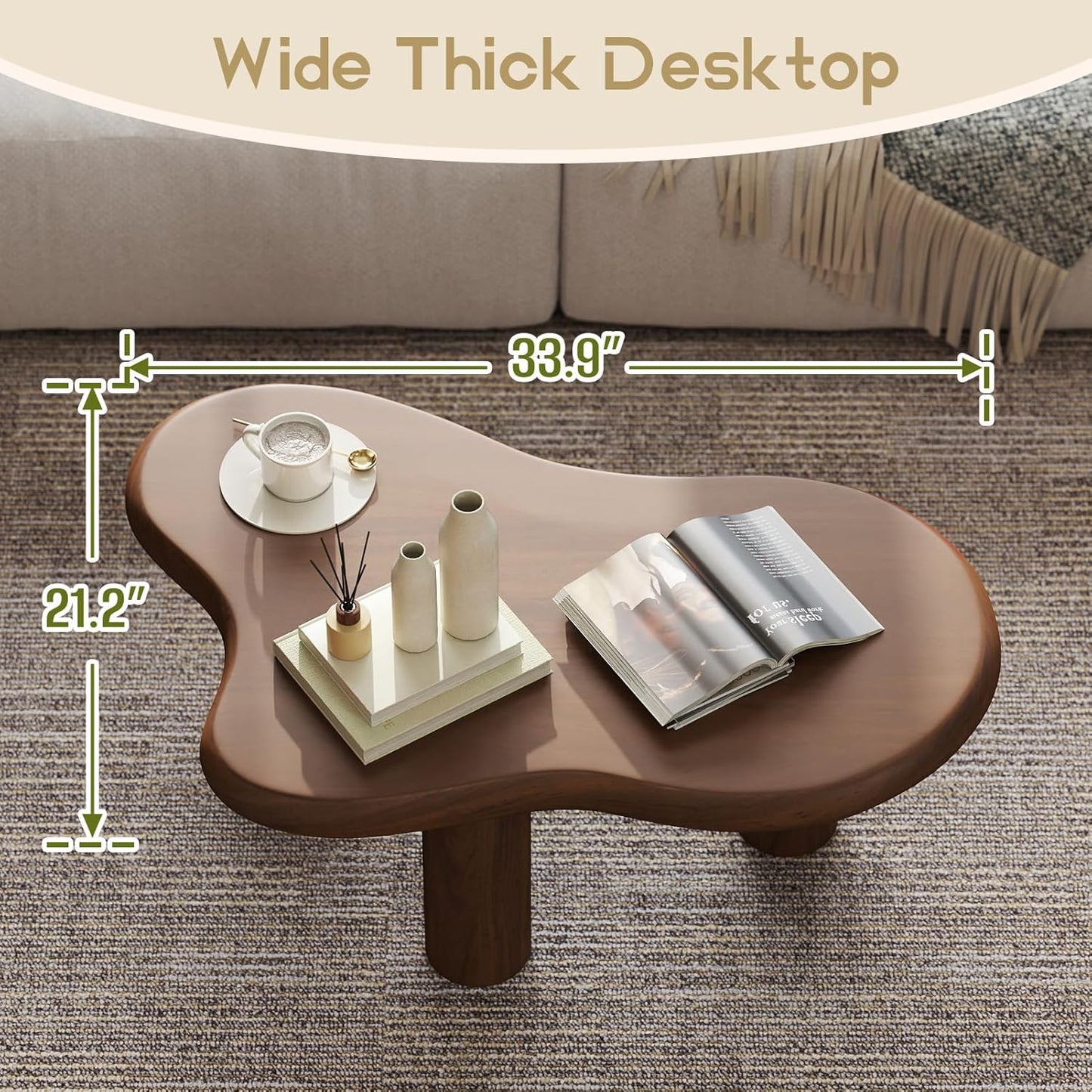 Cloud Coffee Table, Unique Design Accent Table for Living Room and Bedroom, Stylish and Functional Furniture Piece-Durable and Easy to Clean, Free Shape with 3 Legs, 33.9In, Dark Walnut