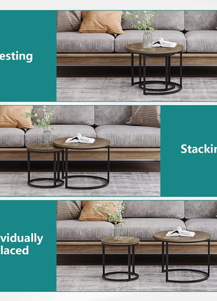 Set of 2 Round Nesting Coffee Tables with 23.6" Wood Grain Top and Adjustable Non-Slip Feet, Industrial Style End Tables for Living Room, Bedroom, Balcony, and Outdoor Use