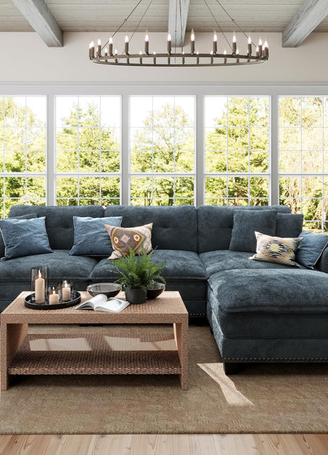 Elevate Your Living Space with the Elegant 116.1" L-Shaped Modular Cloud Couch - Ultimate Comfort with Mid-Century Modern Design, Nailhead Trim, and Plush Throw Pillows