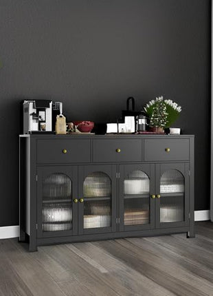 55.1" Farmhouse Buffet Cabinet with Storage Solutions, Featuring 3 Drawers and 4 Doors, Black Wood Sideboard for Kitchen and Coffee Bar