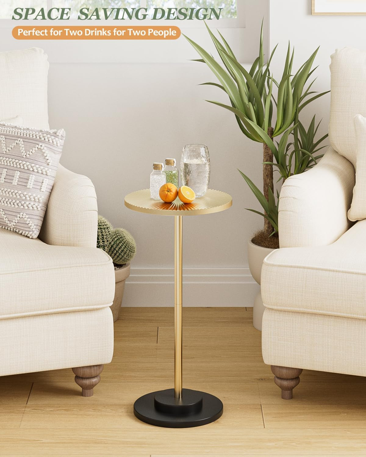 Round Side Table, Small Drink Table for Small Spaces, Modern Accent End Table with Metal Leg for Living Room, Bedroom, Corners, and Office (Gold)