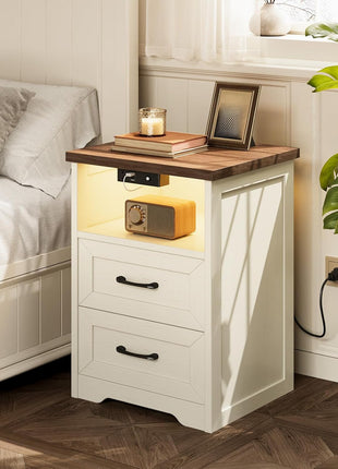 3-Piece Bedroom Set: 47" Wide 6-Drawer Dresser and 2 Farmhouse Nightstands with Charging Station and RGB LED Lights - Engineered Wood, Anti-Tip Design, Rustic White and Dark Walnut Finish