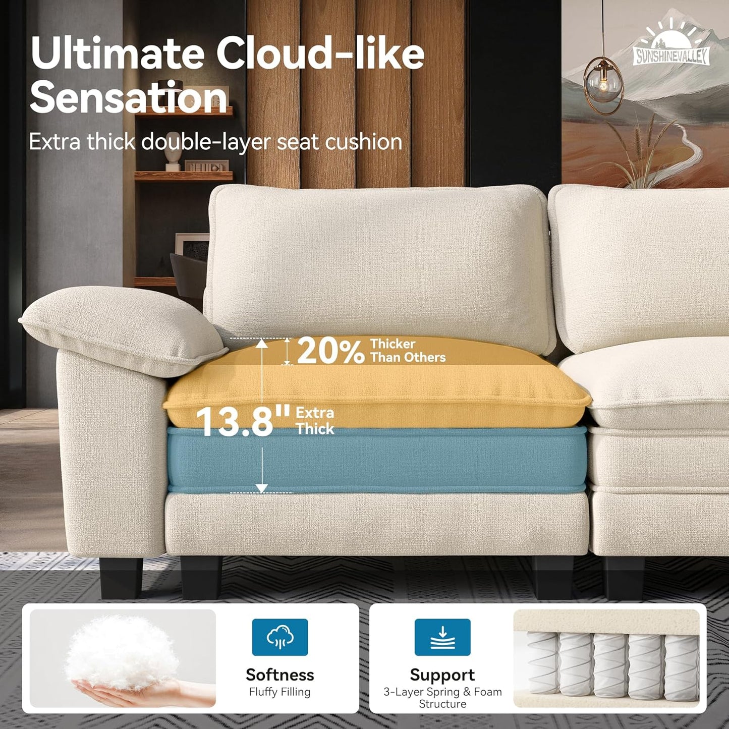 Sofa and Loveseat Set, Oversized Chenille Modular Love Seat and 3-Seat Couch with Pillows, 2 Piece Modern Cloud Sectional Deep Seat Sofa Furniture Set for Living Room, Beige