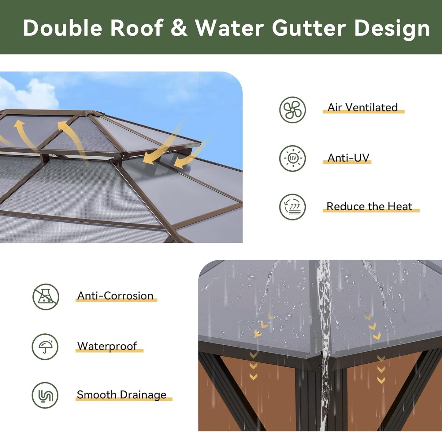 12'X10' Hardtop Gazebo, Aluminum Frame Permanent Pavilion with Curtains and Netting, Outdoor Polycarbonate Double Roof Canopy, Designed for Garden, Lawns, Patio, Brown