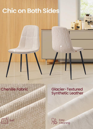 Set of 4 Cream White Dining Room Chairs with Metal Frame, Adjustable Feet, Easy-to-Clean Chenille Fabric, and Glacier-Textured Synthetic Leather for Kitchen Use UKDC188W01