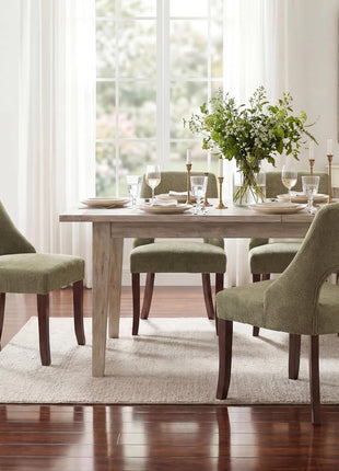 Set of 2 Mid-Century Modern Chenille Upholstered Dining Chairs with Solid Wood Legs in Green for Kitchen and Dining Room