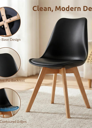 Set of 4 Contemporary Upholstered Dining Chairs with PU Leather Seats, Armless Design, Curved Backrest, and Solid Wood Legs for Dining Room and Kitchen in Black