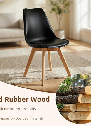 Set of 4 Contemporary Upholstered Dining Chairs with PU Leather Seats, Armless Design, Curved Backrest, and Solid Wood Legs for Dining Room and Kitchen in Black