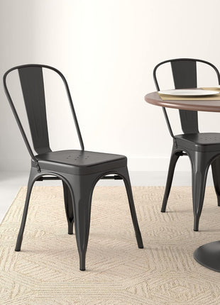 Set of 4 Stackable Metal Dining Chairs with Matte Black Finish, Easy Assembly, Suitable for Indoor and Outdoor Use
