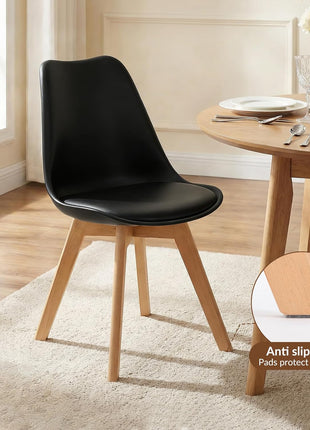 Set of 4 Contemporary Upholstered Dining Chairs with PU Leather Seats, Armless Design, Curved Backrest, and Solid Wood Legs for Dining Room and Kitchen in Black
