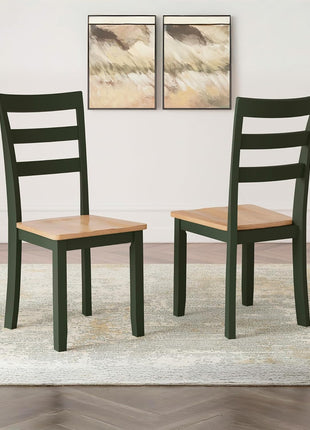 Gesthaven Contemporary Armless Dining Chair Set of 2 by Signature Design by Ashley, Solid Wood Frame, Contoured Mango Wood Veneer Seat, Adjustable Levelers, Green and Light Brown Finish