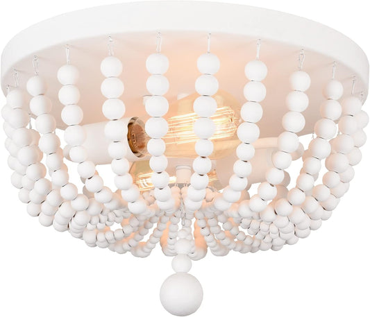 14.1" Flush Mount Light, White Wood Bead Chandelier, 2 Light Ceiling Light for Bedroom, Hallway, Foyer, ETL Listed, AL9031-S2