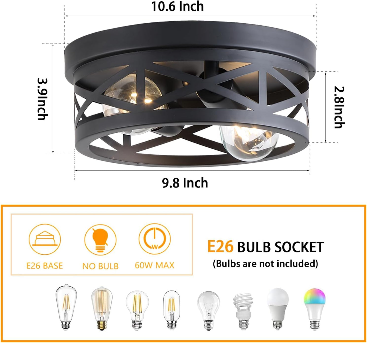 2 Pack Black Farmhouse Flush Mount Ceiling Light,2-Light Rustic Hallway Light Fixtures,Industrial Lighting Fixtures Ceiling Mount for Kitchen Hall Entry Bedroom Closet