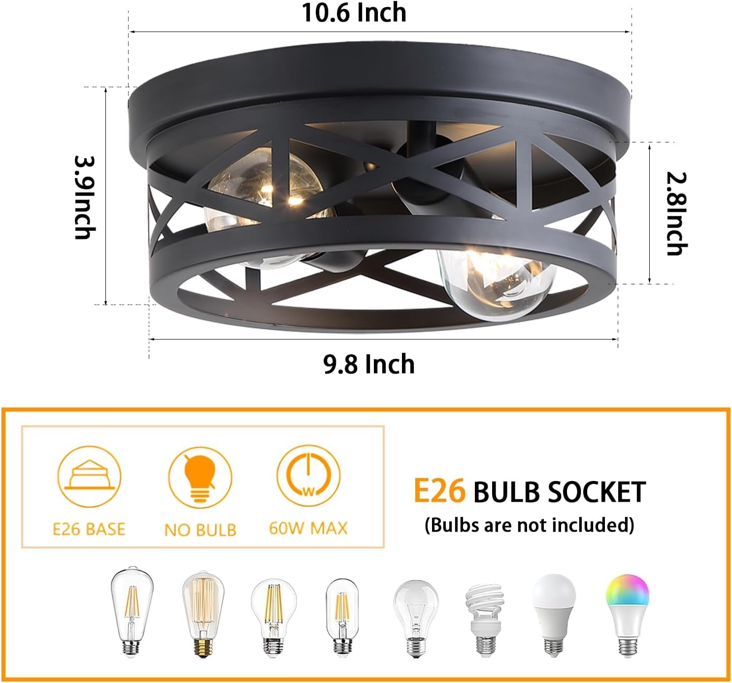 2 Pack Black Farmhouse Flush Mount Ceiling Light,2-Light Rustic Hallway Light Fixtures,Industrial Lighting Fixtures Ceiling Mount for Kitchen Hall Entry Bedroom Closet