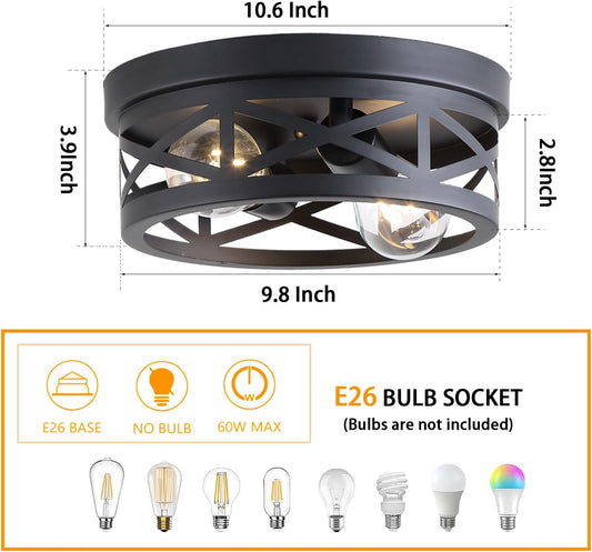 2 Pack Black Farmhouse Flush Mount Ceiling Light,2-Light Rustic Hallway Light Fixtures,Industrial Lighting Fixtures Ceiling Mount for Kitchen Hall Entry Bedroom Closet