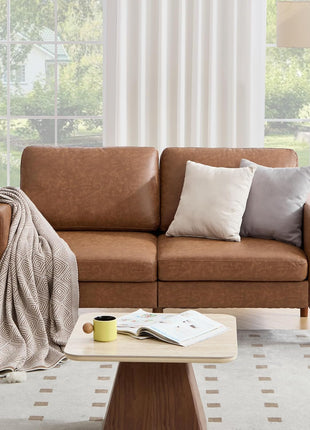 65-Inch Mid-Century Modern Faux Leather Loveseat Sofa with Solid Wood Frame, Ideal for Compact Living Spaces and Bedrooms, Brown
