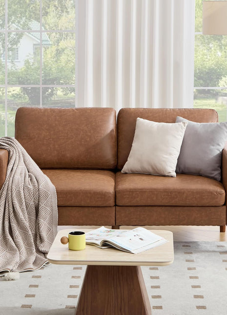 65-Inch Mid-Century Modern Faux Leather Loveseat Sofa with Solid Wood Frame, Ideal for Compact Living Spaces and Bedrooms, Brown