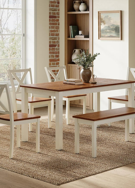 6-Piece Rustic Farmhouse Dining Set with 59" Wooden Table, 4 Chairs, and Bench in Walnut and White - Space-Saving Kitchen and Dining Room Furniture