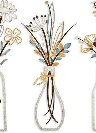 Set of 3 Rustic Metal Flower Wall Art - Minimalist Decor for Living Room, Bathroom, Bedroom, and Dining Room, Perfect for Housewarming and Christmas Gifts (Beige, Vase-C)