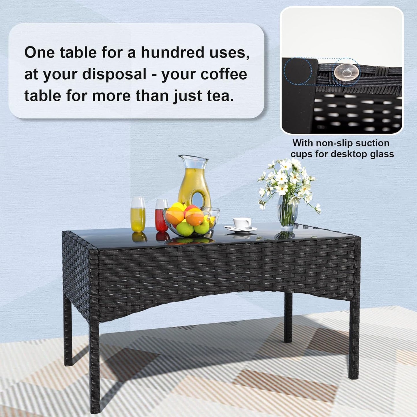 4-Piece Outdoor Patio Furniture Set, Wicker Rattan Chairs & Sofa with Cushions and Glass Coffee Table, Conversation Set for Backyard, Lawn, Porch, Pool, Garden (Navy-2)