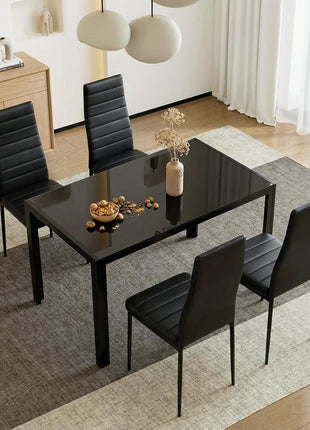 5-Piece Dining Table Set for Four with Tempered Glass Top and Upholstered PU Chairs, Space-Saving Metal Frame Design for Home and Kitchen in Black