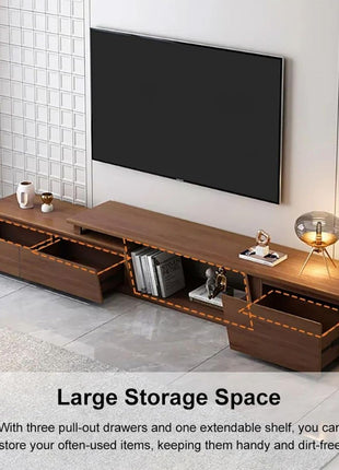 Extendable Walnut TV Stand with Three Drawers - Minimalist Rectangle Entertainment Center for TVs up to 110 inches