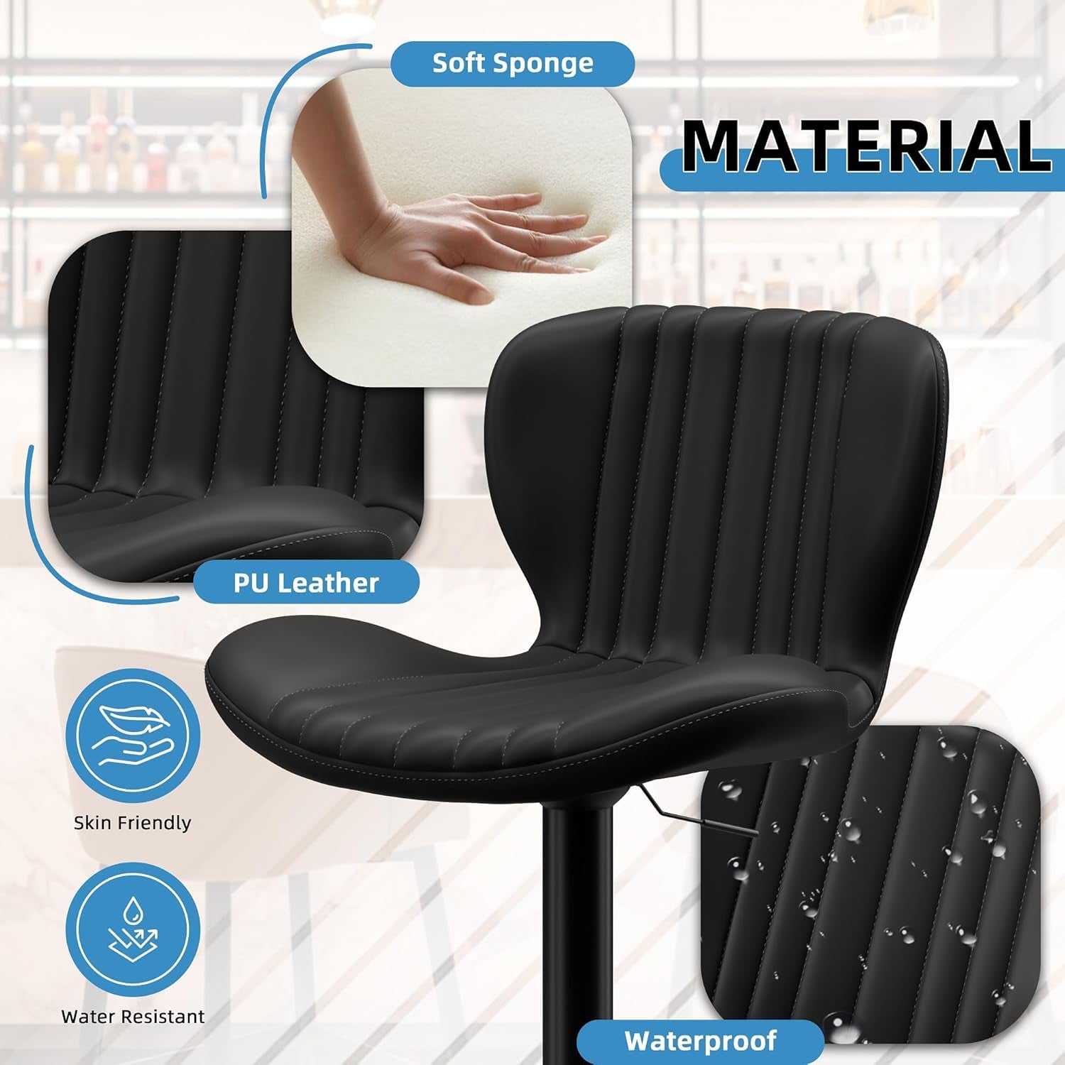 Bar Stools Set of 4 Modern Swivel Bar Chairs, Counter Height Faux Leather Metal Barstools, Upholstered Island Chairs with Back and Footrest, Black