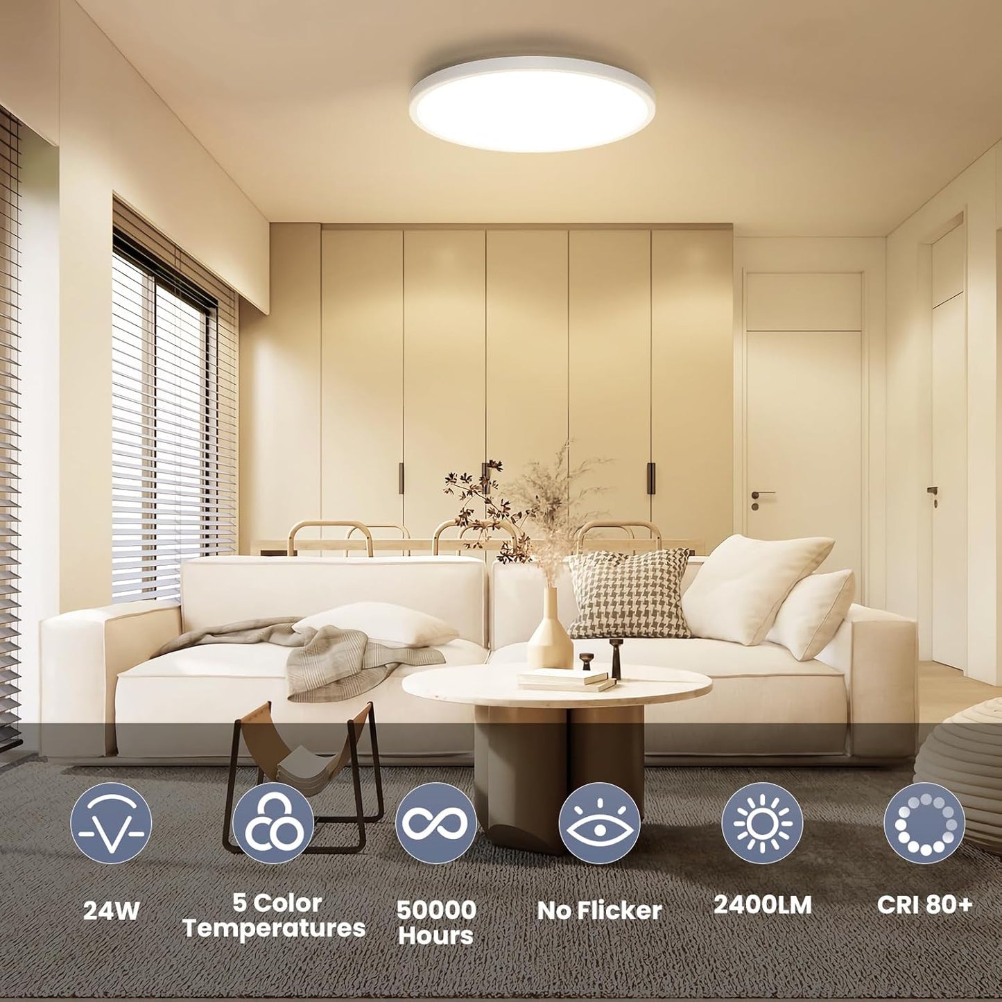 12 Inch Flush Mount LED Ceiling Light Fixture, Dimmable 3000K-6500K Adjustable Lights, Ultra Thin White round Lamp, 24W Ceiling Lights for Hallway, Kitchen, Bedroom, 6 Pack