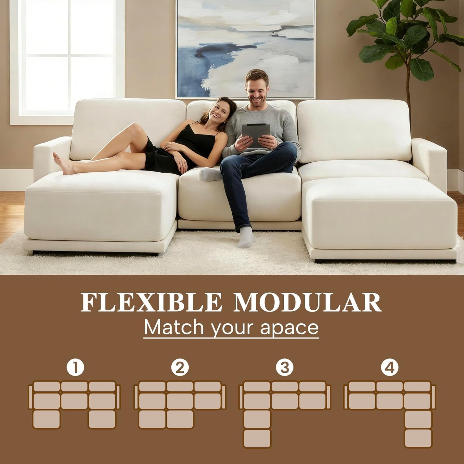 112" Modular Sectional Couches for Living Room, U-Shaped Modern Sofa with Ottomans, 5-Piece Chenille Sofa Set for Home Furniture, Beige