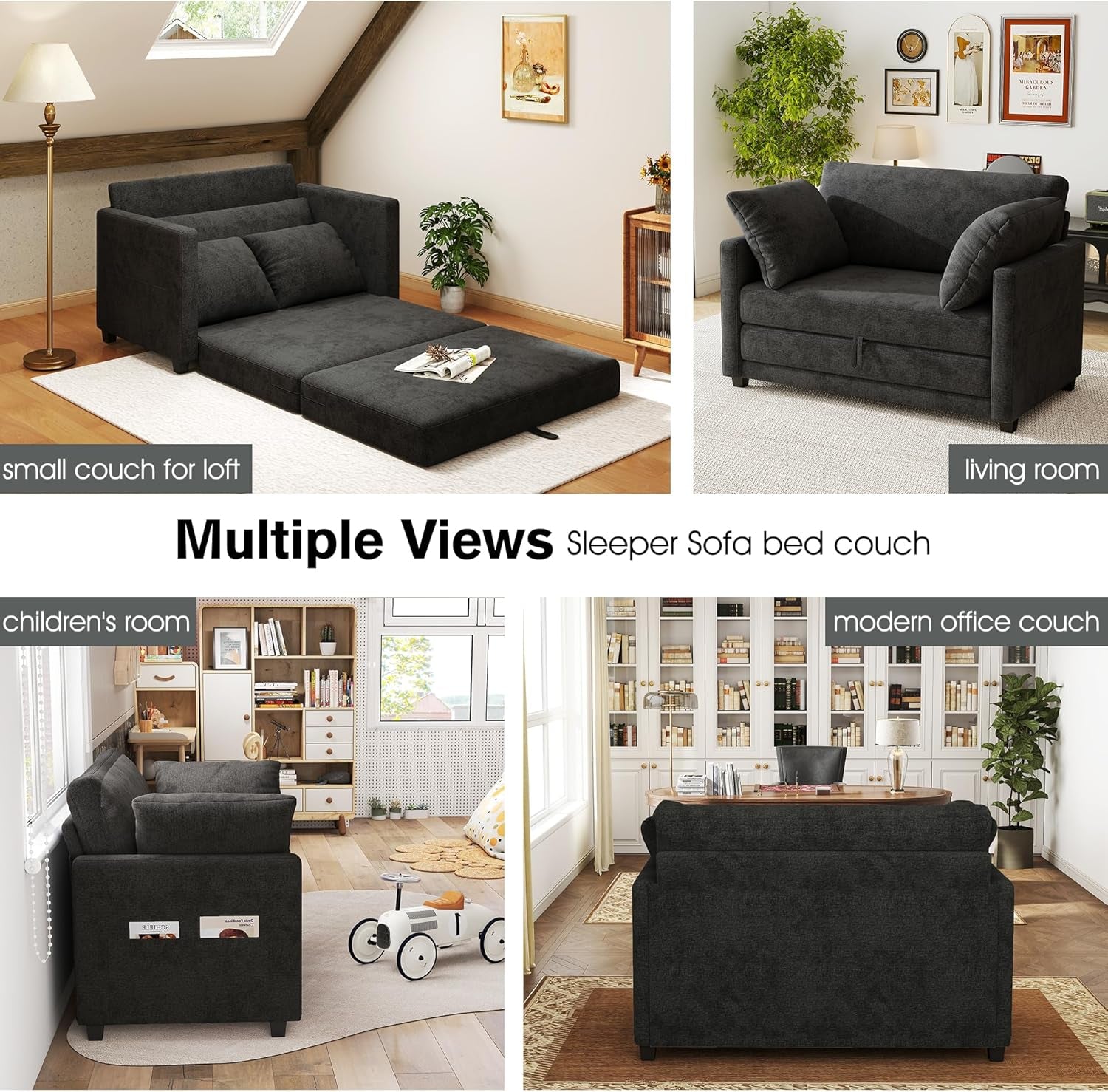 51" Loveseat Sleeper Sofa Bed, Chenille Convertible Floor Sofa Bed for Small Spaces, Folding Couch Bed with Deep Seat, 2 Pillows & Solid Frame, Pull Out Floor Couch for Living Room, Black
