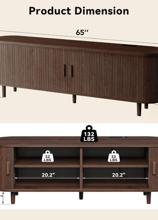 65-Inch Mid-Century Modern TV Stand with Power Outlet, Fluted Entertainment Center with Storage and Adjustable Shelves, Wood TV Console with Sliding Doors in Walnut Finish