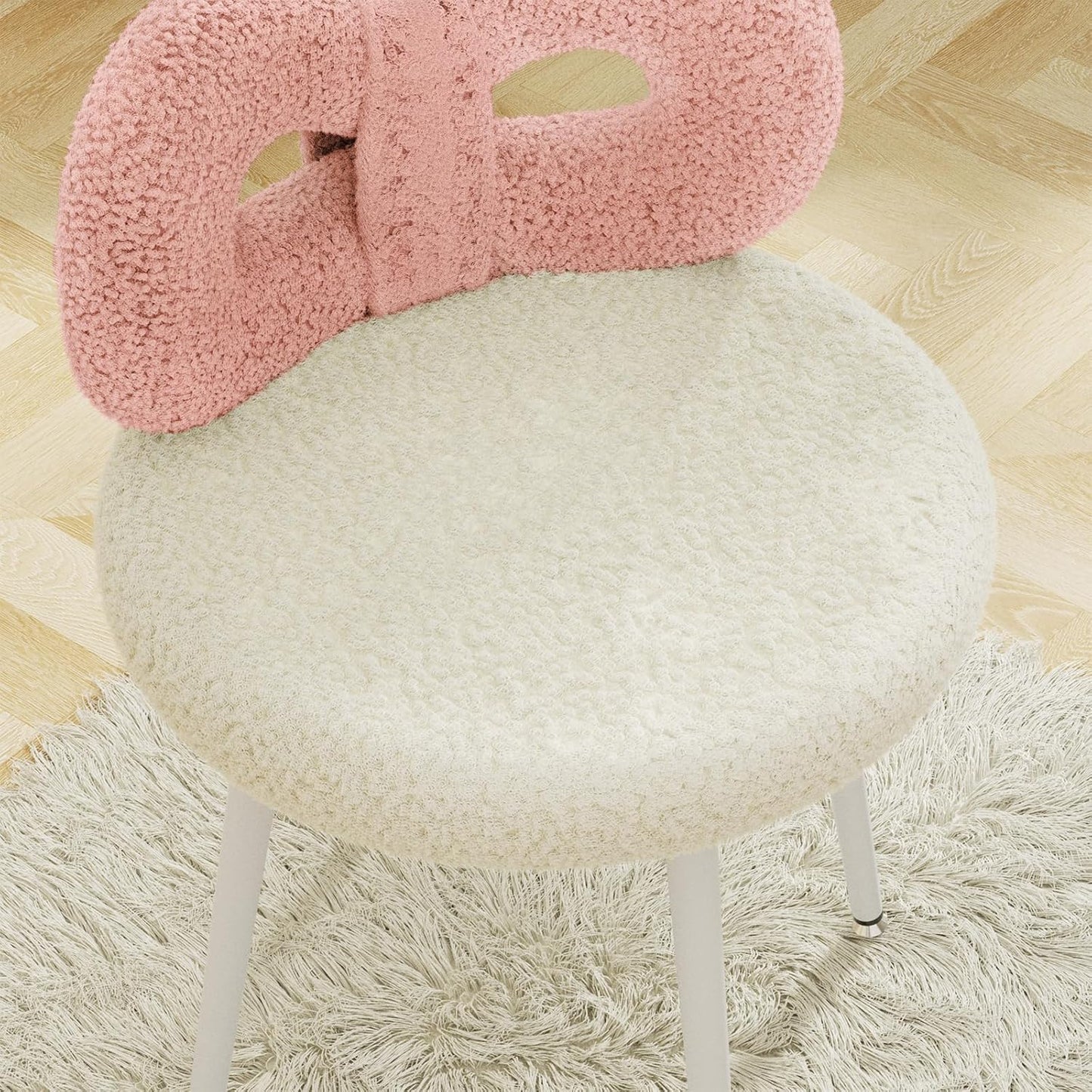 Swivel Vanity Chair with Back, Upholstered Desk Chair for Girls, Modern Makeup Vanity for Bedroom, Living Room (Pink and Off-White)