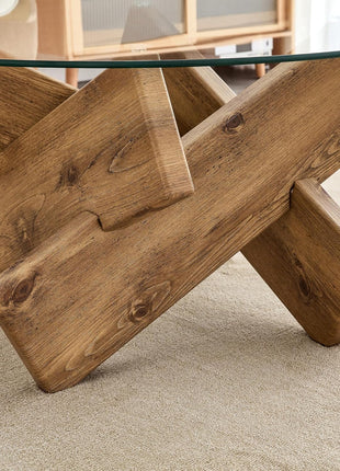 Round Glass Top Coffee Table for Living Room, 33.4-Inch Rustic Farmhouse Center Table with Mid-Century Wooden Crossed Legs
