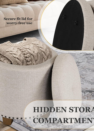Upholstered Round Storage Ottoman with Nailhead Trim in Light Brown Fabric for Living Room and Bedroom