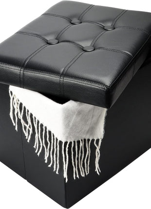 Compact Leather Folding Storage Ottoman with Thick Foam Padding, 17x13x13 Inches, Black