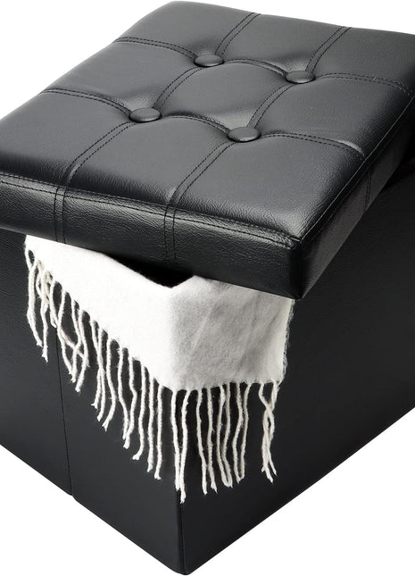 Compact Leather Folding Storage Ottoman with Thick Foam Padding, 17x13x13 Inches, Black