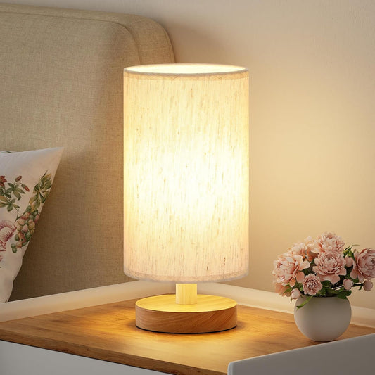 Small Table Lamp for Bedroom - Inline Control, Bedside Lamp with 3000K A15 LED Blub, Easy Assembly (Cream Shade - Wood Base, 9" Inline Control)