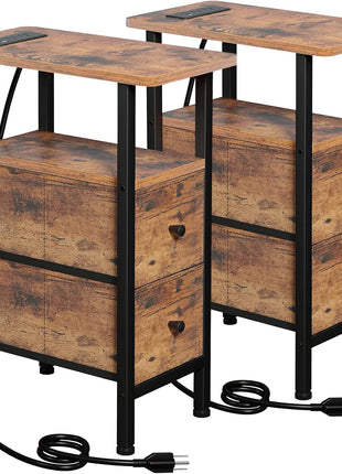Narrow Nightstand Set with Charging Station - Pair of Slim End Tables for Living Room and Bedroom, Rustic Brown Finish with Fabric Drawers, Perfect for Compact Spaces
