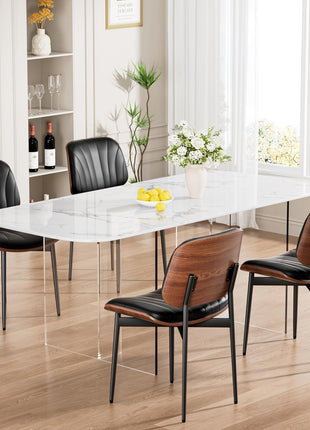 Set of 6 Mid-Century Modern Upholstered PU Leather Dining Chairs with Walnut Bentwood Back and Metal Legs, Featuring Adjustable Feet for Kitchen and Dining Room, Black Shell Strips