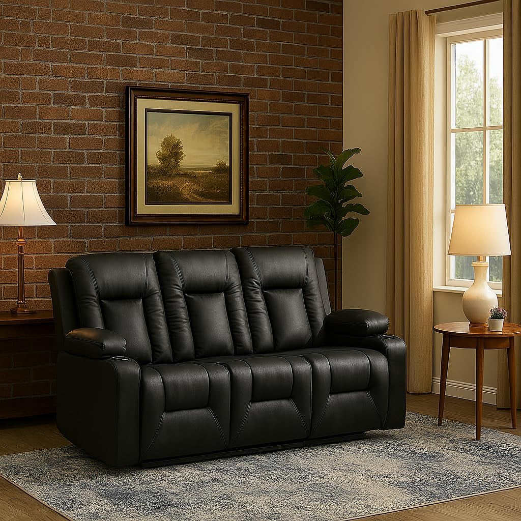 Leather Recliner Sofa Set with Manual Recliners,Living Room Furniture Set with Reclining Couch,Loveseat and Armchair,Living Room Chair with Cup Holders,Black (3+1+1)
