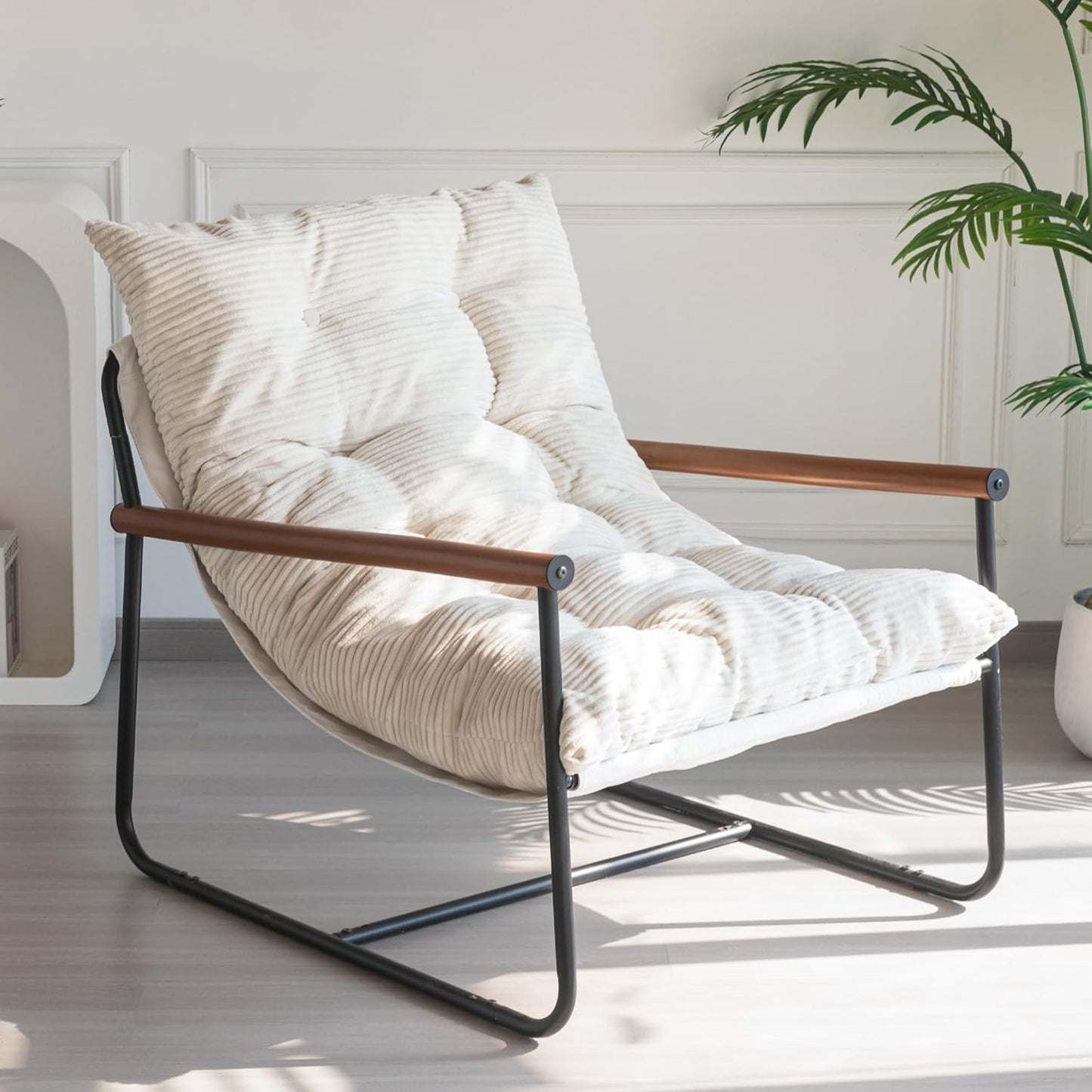 Modern Accent Chair, Comfy Living Room Chair with Metal Frame Wooden Armrest, Upholstered Armchair with Soft Cushion for Bedroom Balcony Lounge Reading Room, Beige