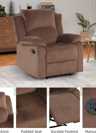 Classic Microfiber Manual Recliner Chair with Overstuffed Arms and Back for Living Room and Bedroom, Brown