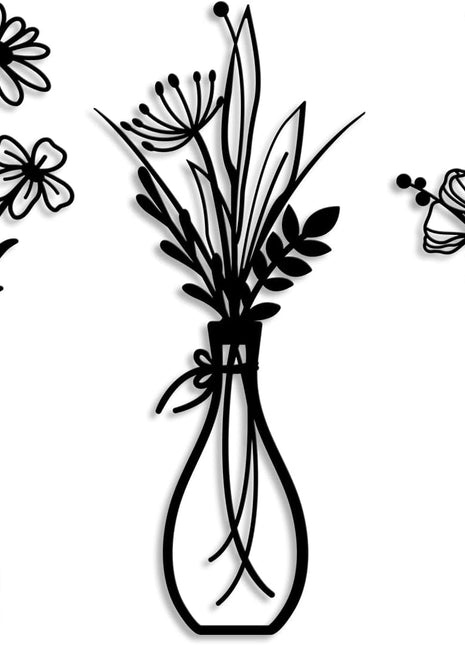 Set of 3 Rustic Black Metal Flower Wall Art - Minimalist Decor for Living Room, Bathroom, Bedroom, and Dining Room - Perfect Housewarming Gift (Black, Vase-C)