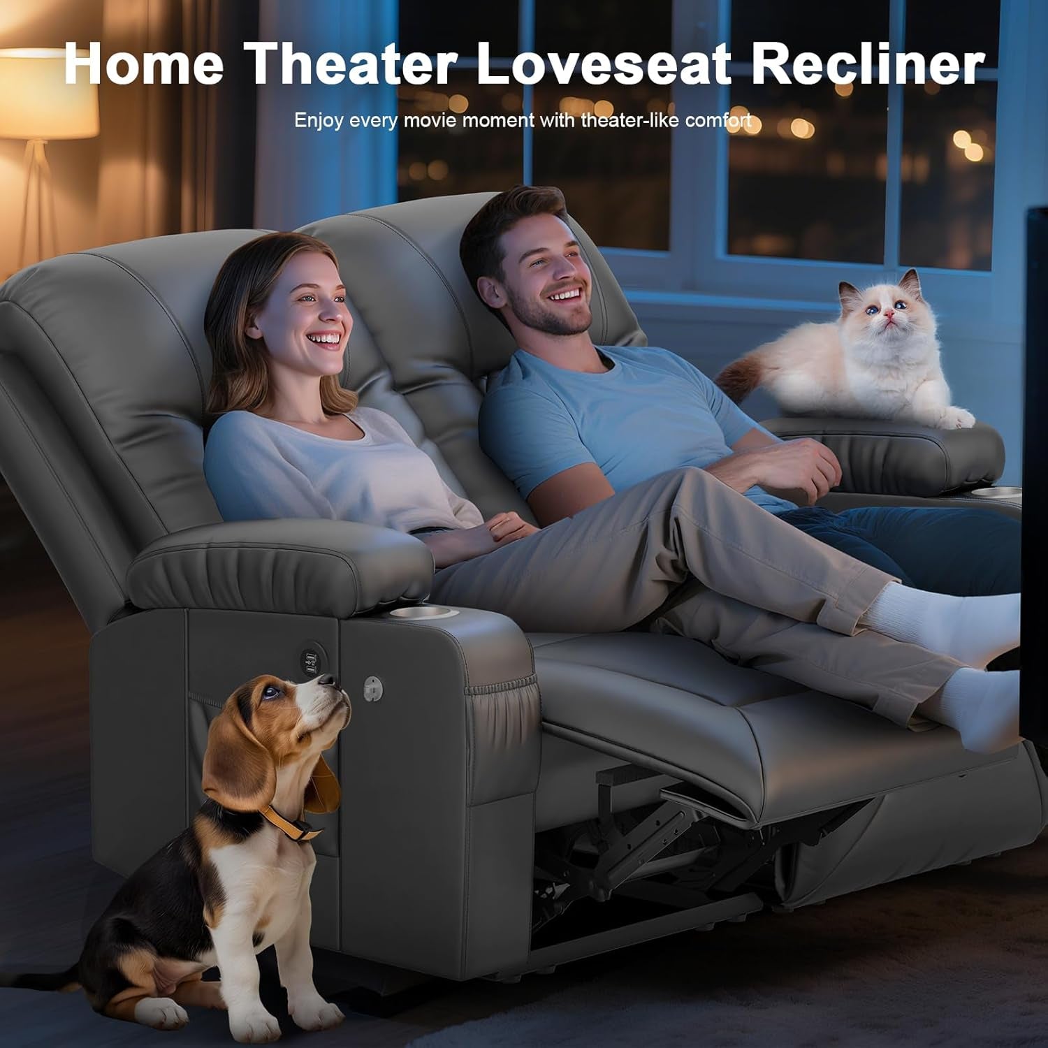 RV Loveseat Recliner Sofa, Reclining Loveseat Wall Hugger Recliners with USB Ports, Cup Holders, Insert Pockets, RV Recliners for Travel Trailers & Living Room, RV Furniture | RV Couch | Gray