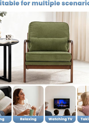 Mid-Century Modern Accent Chair with Armrests and Lumbar Support Cushion, Perfect for Living Room and Bedroom, Durable Wooden Frame, Elegant Green Finish