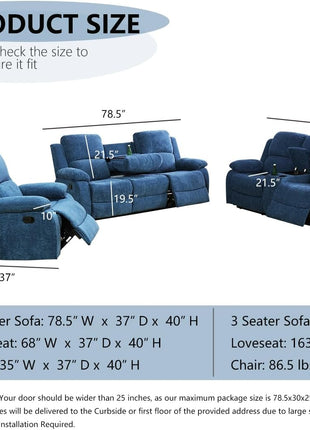 2-Piece Manual Recliner Sofa Set with Cup Holders and Storage Console, 3-Seater and 2-Seater Fabric Couches for Living Room, Meeting Room, or RV - Blue