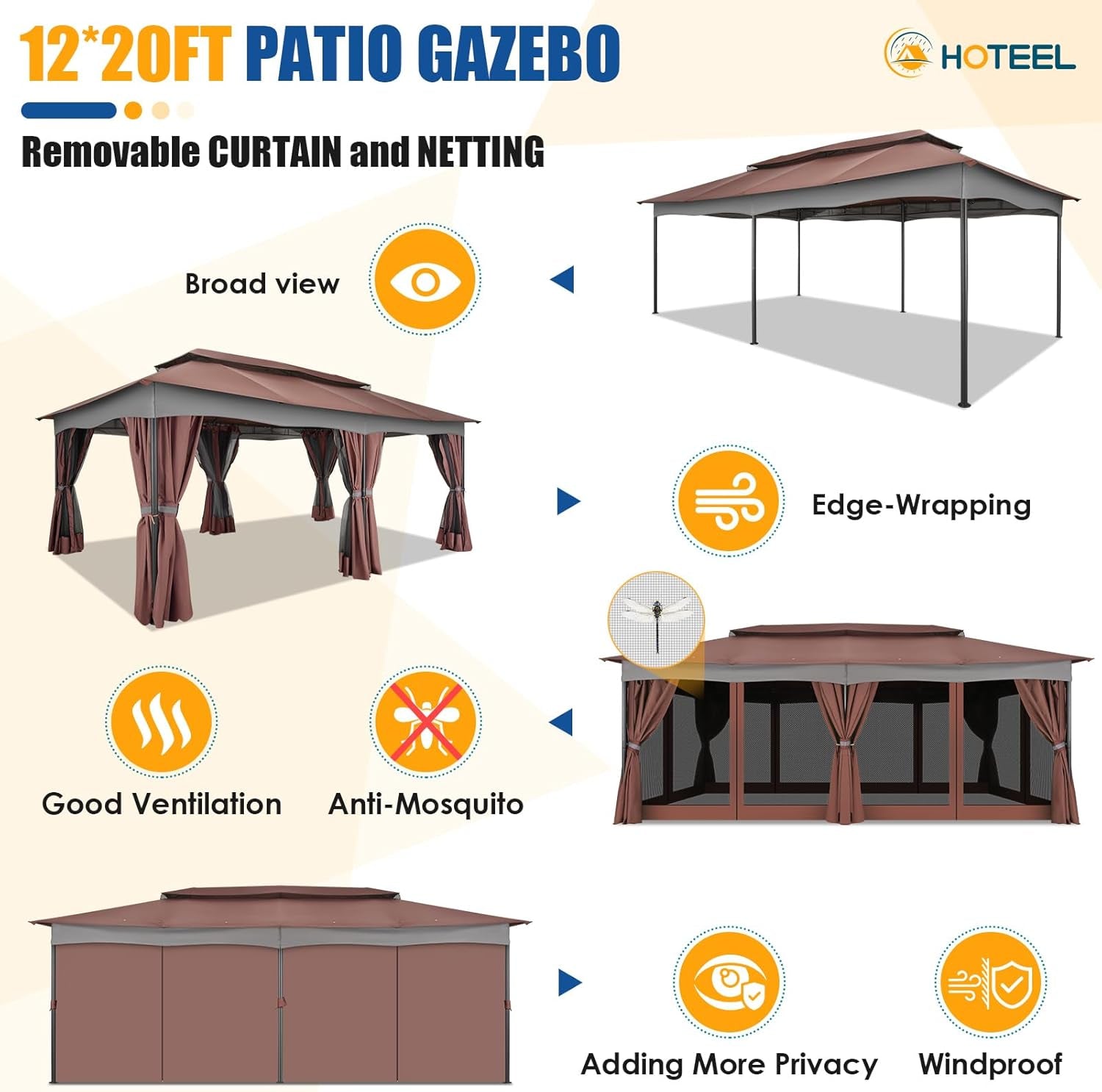 Gazebo 12X20, Outdoor Gazebo on Clearance with Double Ventilated Arc Roof, Privacy Curtains & Mosquito Netting, Easy Set up Canopy Tent with Stable Metal Frame for Patio, Brown