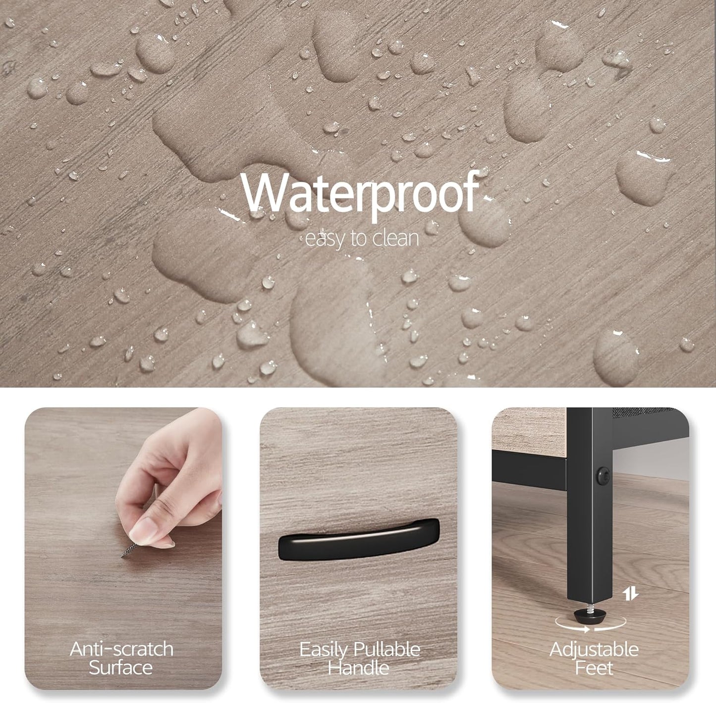 Nightstand Set of 2 with Charging Station, End Table Bedside Table with Power Outlet & USB Ports, Side Table with 2 Fabric Drawers for Bedroom, Living Room, Greige